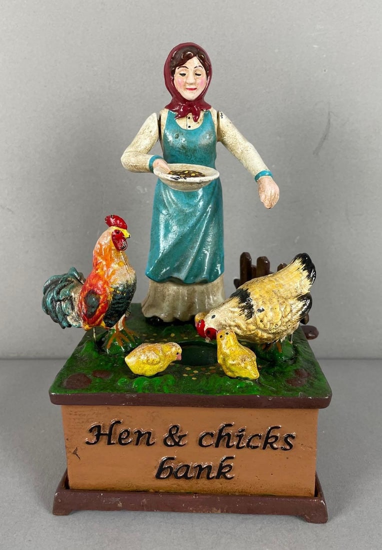 Reproduction Hawthorne Direct Hen and Chicks Cast Iron Mechanical Bank: Working condition, measures 8 3/4 inches x 5 3/4 inches x 5 inches
