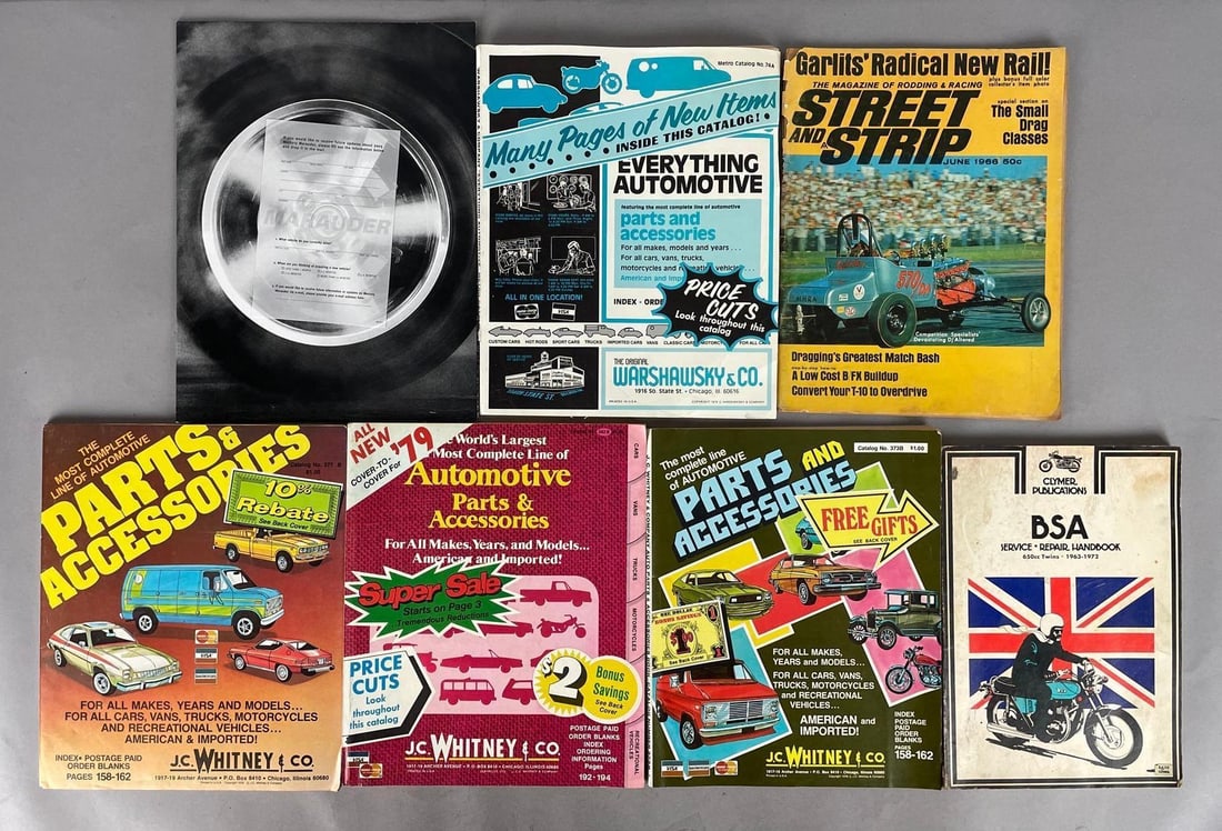 Group of Vintage Automotive Parts and Accessories Catalogs: Includes JC Whitney, bsa motorcycle repair handbook