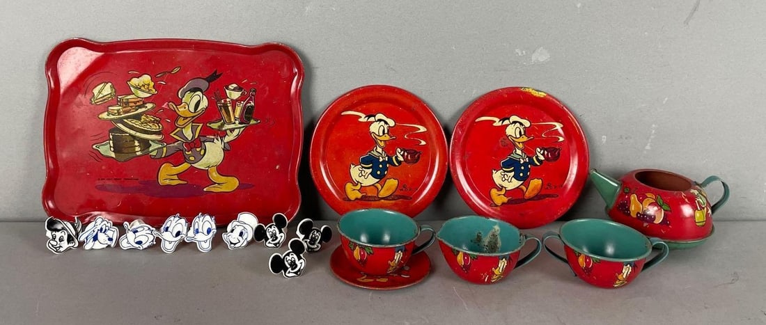 1939 Ohio Art Disney Donald Duck Tin Litho Tea Set and More (1 of 3)