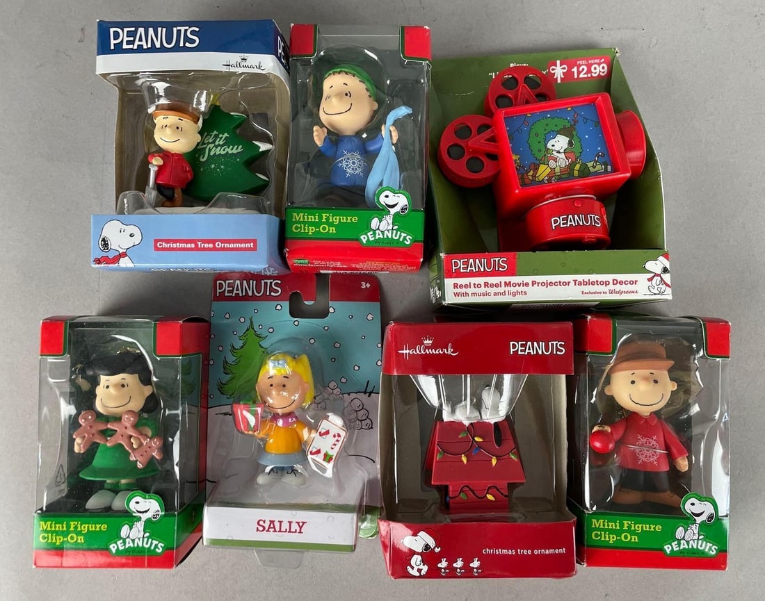 Group of Peanuts Christmas Ornaments and More: Largest package measures 6 inches x 4 3/4 inches x 2 inches