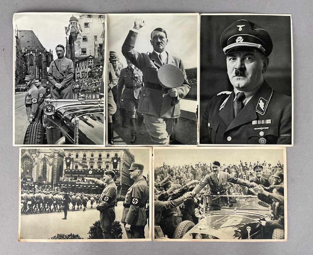 Group of 5 1933 German Propaganda Cigarette Cards: From the book Deutschland erwacht, one with possible mouse damage, measure 6 3/4 inches x 4 3/4 inches