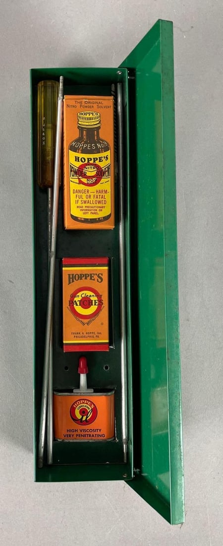 Vintage Hoppe's .22 Cal Gun Cleaning Kit: Metal case measures 3 1/2 inches x 13 1/4 inches x 2 inches
