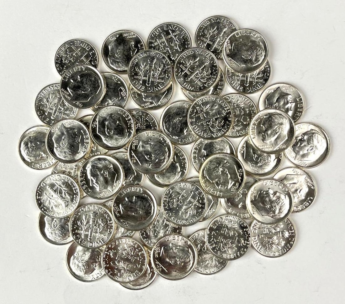 Group of 50 1961 US Roosevelt 90% Silver Dimes (1 of 2)