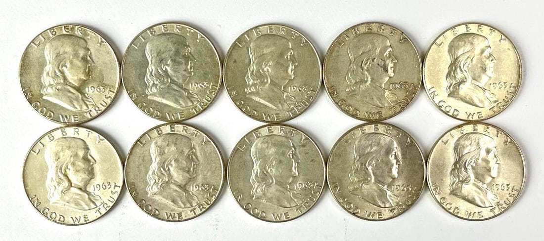 Group of 10 1963 US Franklin 90% Silver Half Dollars: Group of 10 1963 US Franklin 90% Silver Half Dollars