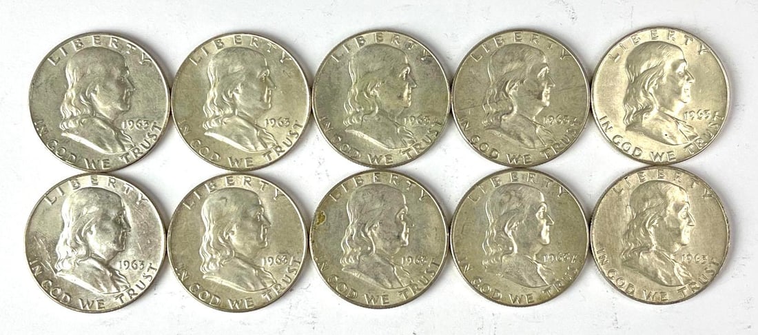 Group of 10 1963 US Franklin 90% Silver Half Dollars (1 of 2)