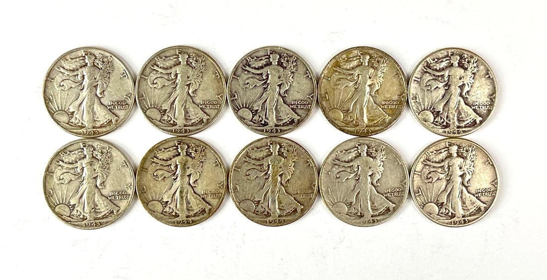 Group of 10 US Walking Liberty 90% Silver Half Dollars (1 of 2)