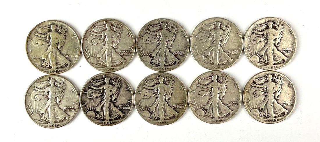 Group of 10 US Walking Liberty 90% Silver Half Dollars: Includes years 1941, 1942, 1944 and more.