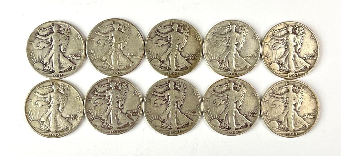 Group of 10 US Walking Liberty 90% Silver Half Dollars: Includes years 1941, 1942, 1943 and more.