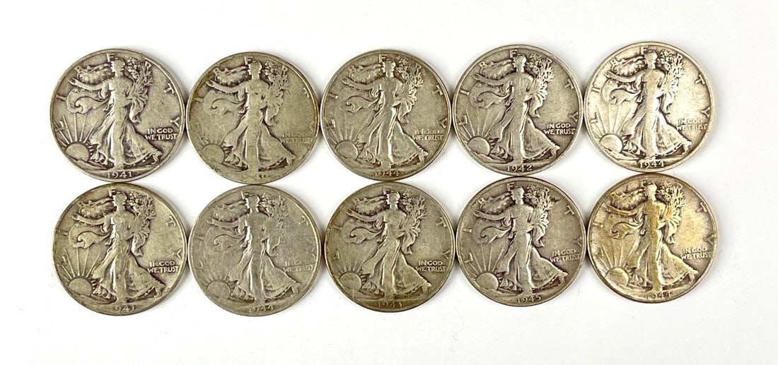 Group of 10 US Walking Liberty 90% Silver Half Dollars: Includes years 1944, 1945, 1943 and more.