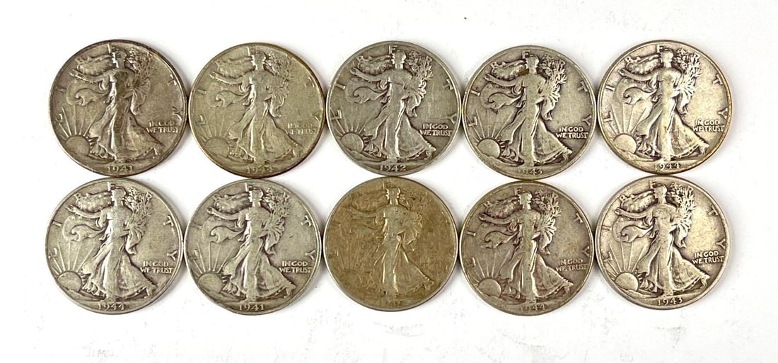 Group of 10 US Walking Liberty 90% Silver Half Dollars: Includes years 1942, 1944, 1943 and more.