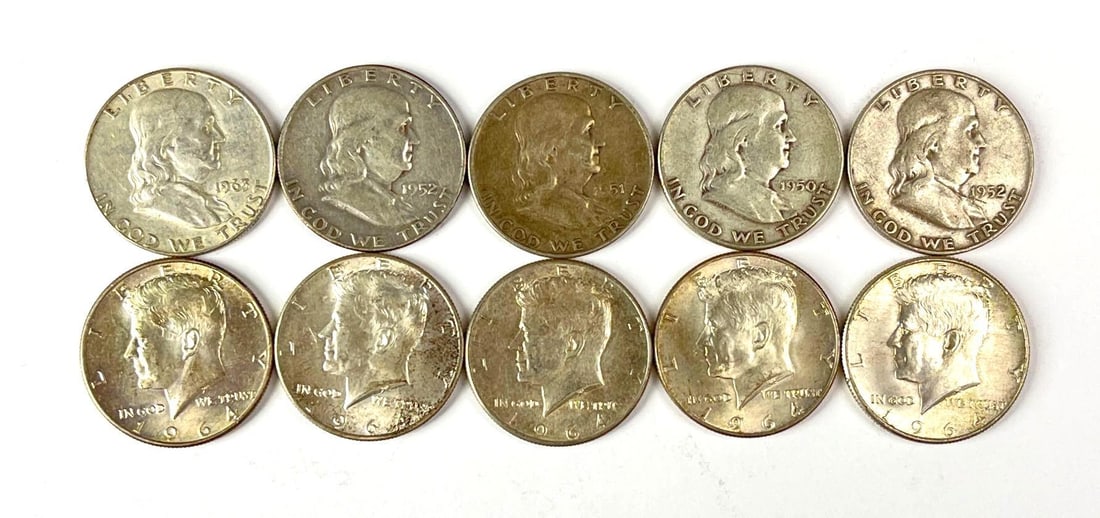 Group of 10 US 90% Silver Half Dollars (1 of 2)