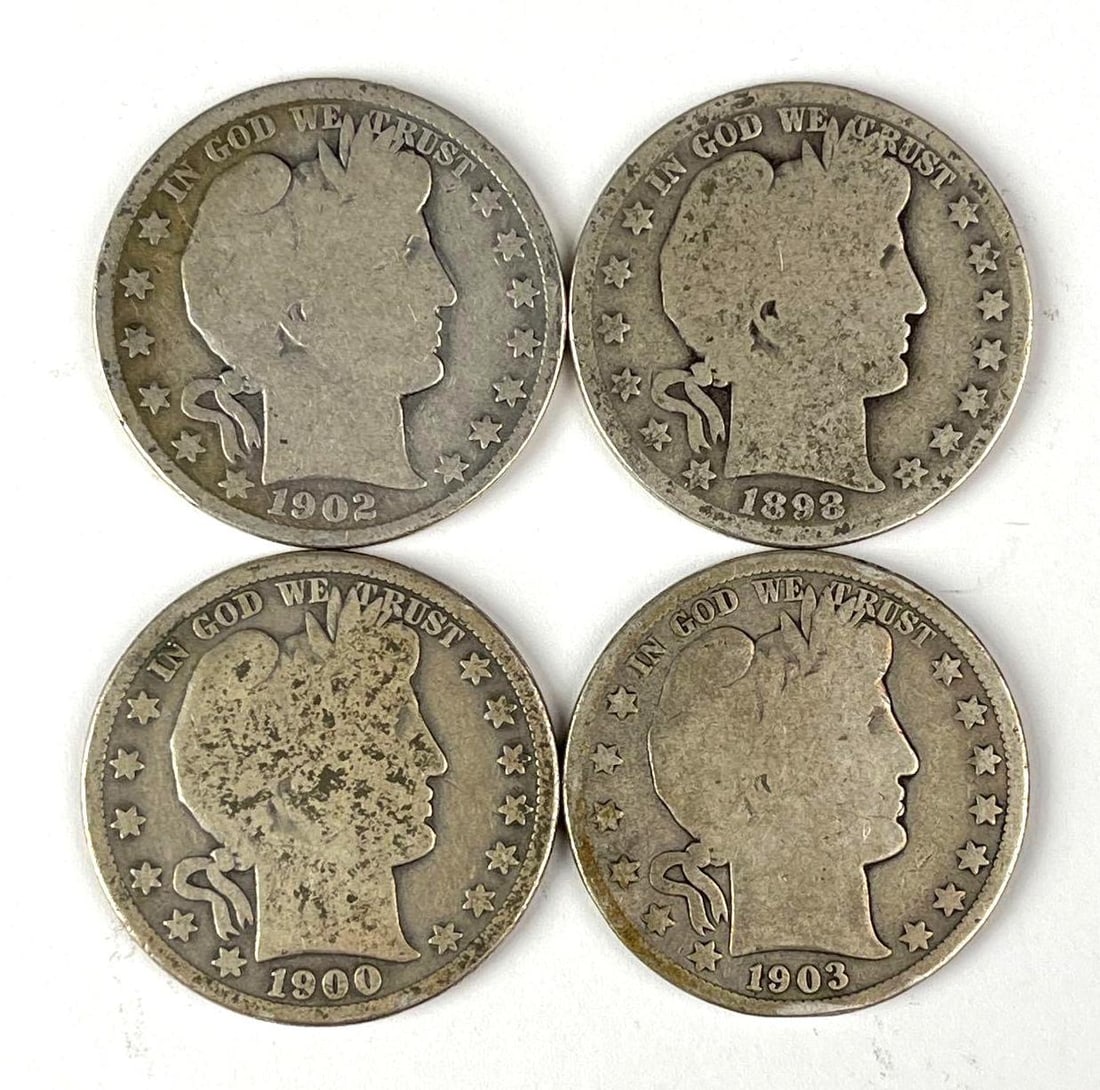 Group of 4 US Barber 90% Silver Half Dollars (1 of 2)