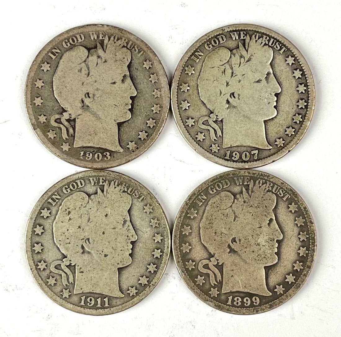 Group of 4 US Barber 90% Silver Half Dollars (1 of 2)