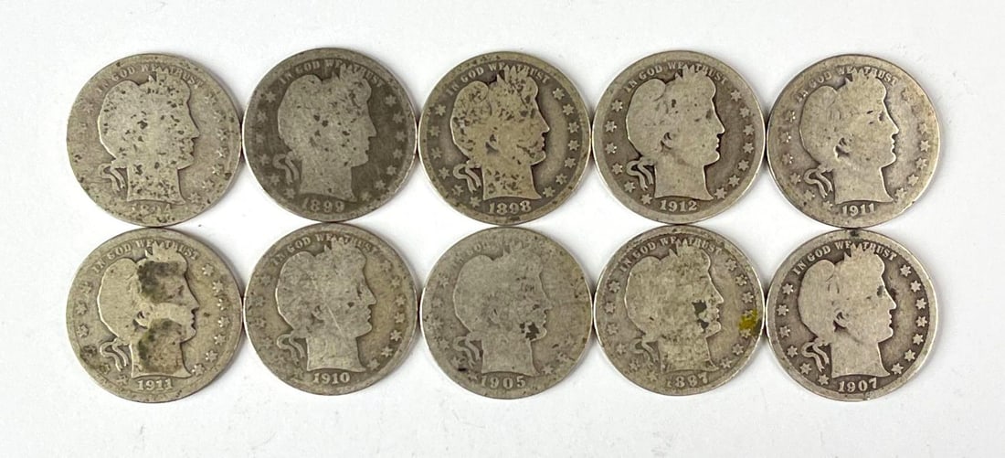 Group of 10 US Barber 90% Silver Quarters: Includes years 1907, 1905, 1910 and more.
