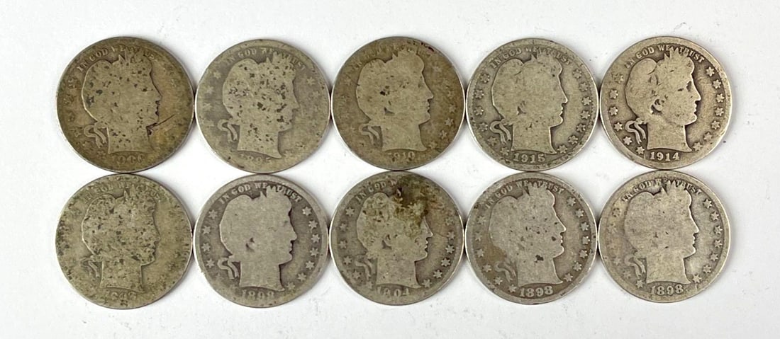 Group of 10 US Barber 90% Silver Quarters (1 of 2)