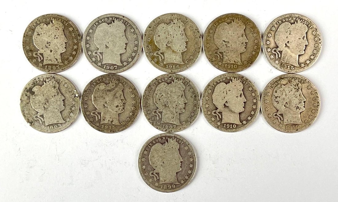 Group of 11 US Barber 90% Silver Quarters (1 of 2)