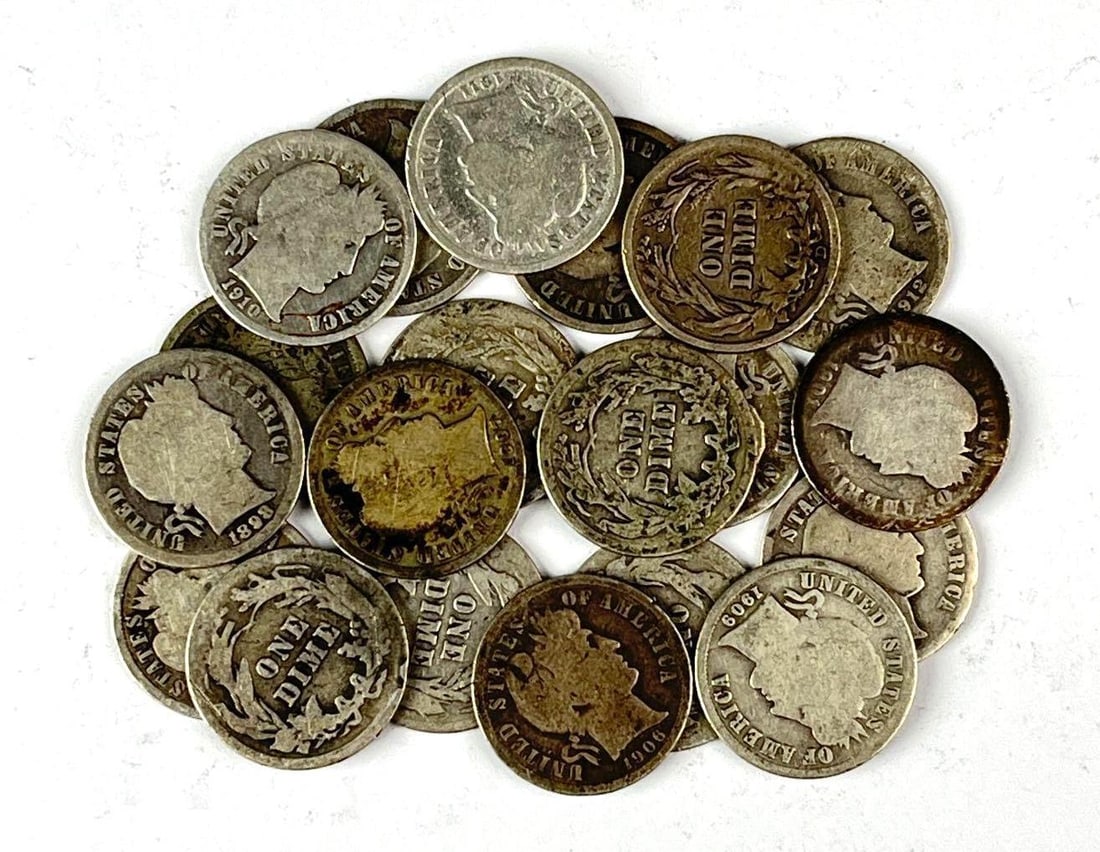 Group of 20 US Barber 90% Silver Dimes (1 of 1)