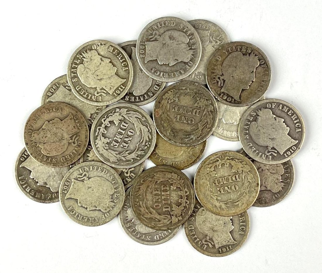 Group of 10 US Barber 90% Silver Quarters: Includes years 1908, 1901, 1910 and more.