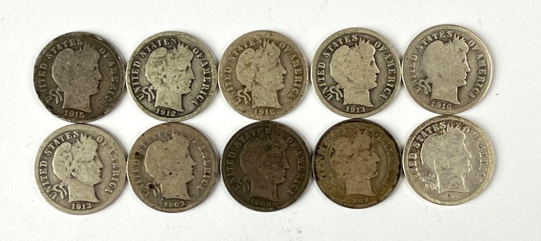 Group of 10 US Barber 90% Silver Dimes (1 of 2)