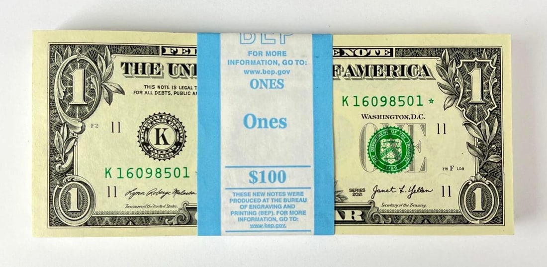 Group of 100 2021 US Mint $1 Consecutive Serial Numbered Bills (1 of 2)