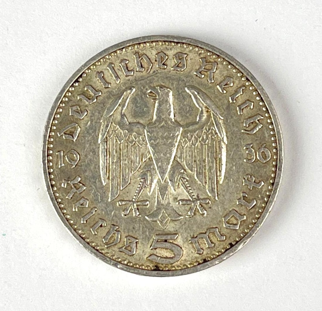 1936 WW2 German Paul von Hindenburg 5 Reichsmark Silver Coin: 1936 WW2 German Paul von Hindenburg 5 Reichsmark Silver Coin