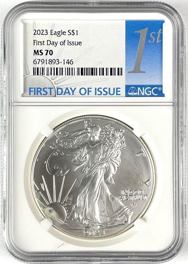 2023 US $1 American Silver Eagle 1 oz Fine Silver Coin NGC MS70: First day of issue.