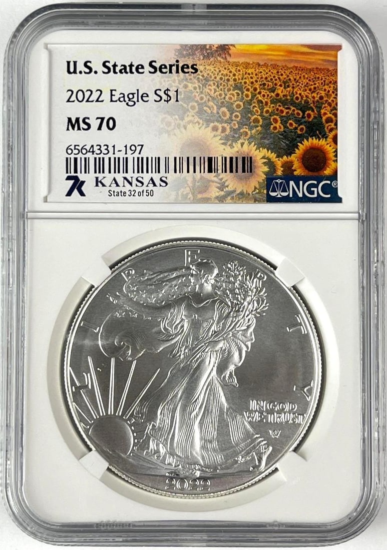 2022 US $1 American Silver Eagle 1 oz Fine Silver Coin NGC MS70: US State Series Kansas