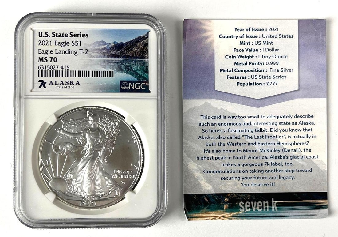 2021 US $1 American Silver Eagle 1 oz Fine Silver Coin NGC MS70: Includes COA, US State Series Alaska, Eagle Landing T-2