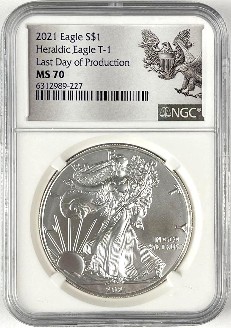 2021 US $1 American Silver Eagle 1 oz Fine Silver Coin NGC MS70: Last day of Production, Heraldic Eagle T-1