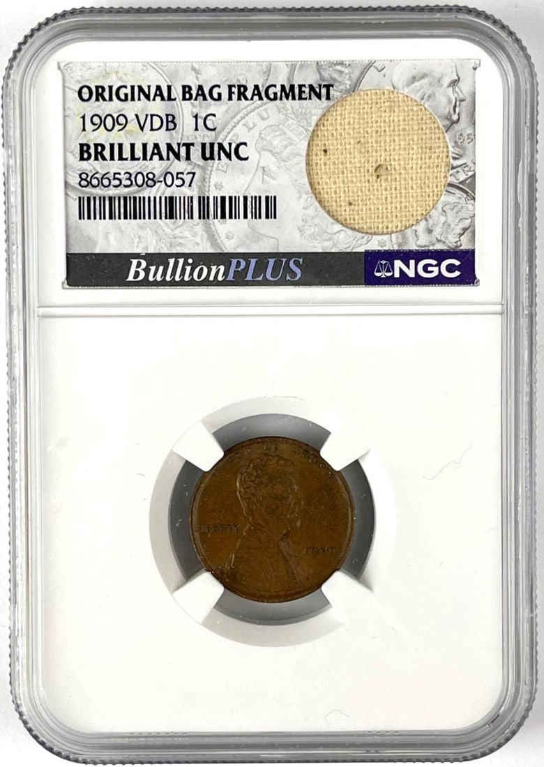 1909 VDB Lincoln Head Wheat Cent NGC Brilliant UNC: Bullion Plus, original bag fragment