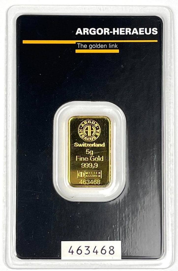 Argor Heraeus 5 Grams 999.9 Fine Gold Ingot/ Bar: Argor Heraeus 5 Grams 999.9 Fine Gold Ingot/ Bar