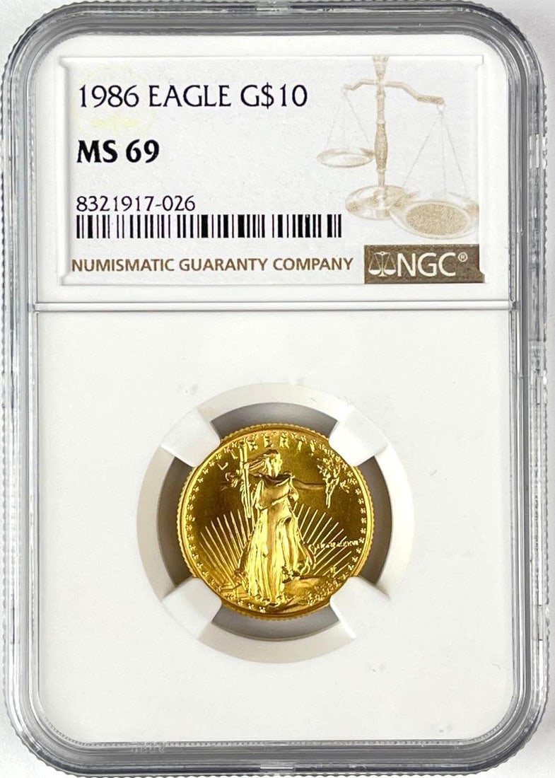 1986 US $10 American Gold Eagle 1/4 oz Fine Gold Coin NGC MS69 (1 of 2)