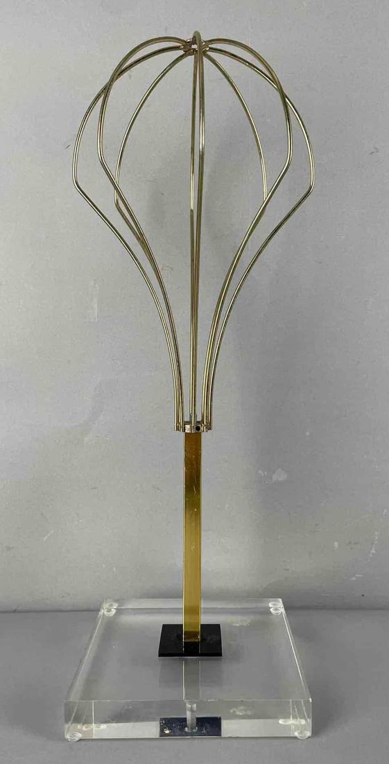 Vintage MCM Brass Balloon Wig / Hat Stand: Lucite base, measures 18 inches x 6 inches x 6 inches