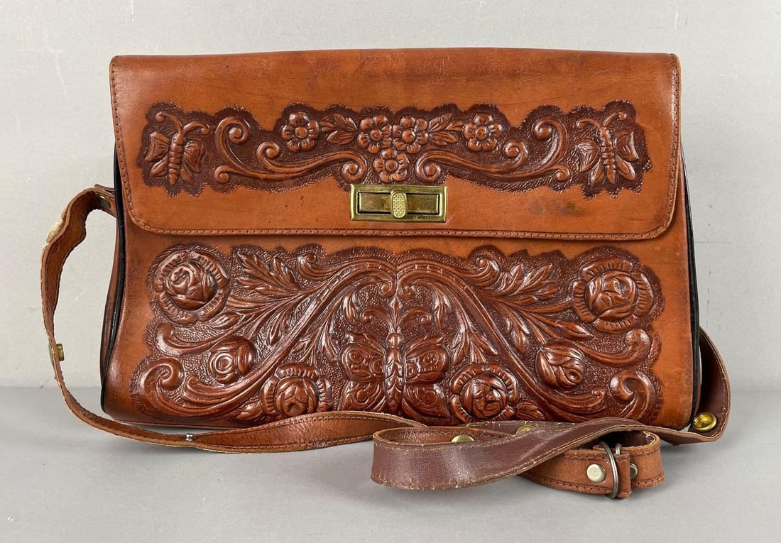 Vintage Mexican Hand Tooled Leather Butterfly Floral Purse: Handbag straps are worn, measures 9 1/4 inches x 14 inches x 5 inches