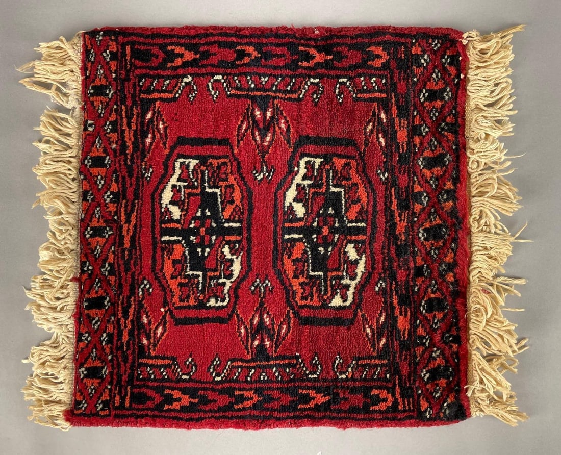 Antique Persian Wool Prayer Rug: Measures 13 1/4 inches x 15 1/2 inches with fringe