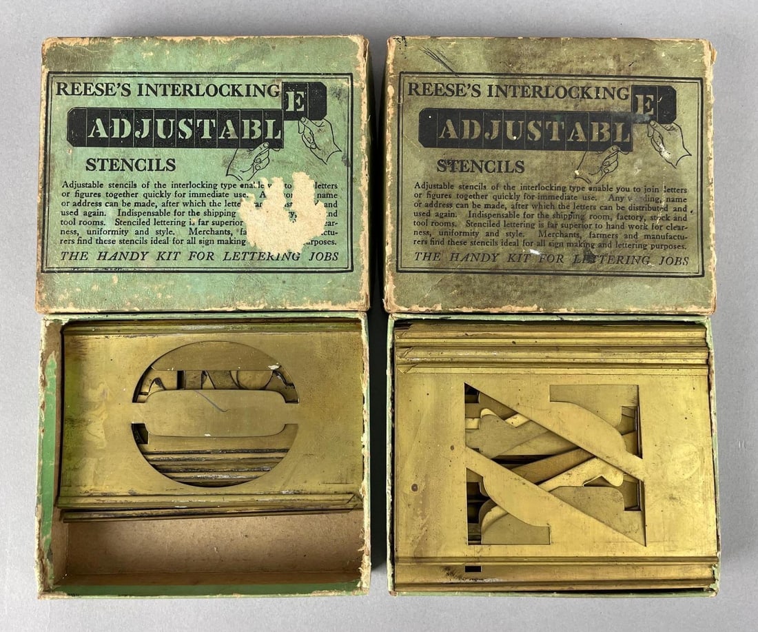 Full Set of Vintage Reese's Interlocking Adjustable Brass Stencils: Set of numbers and letters, boxes measure 4 1/4 inches x 4 3/4 inches x 1 inches