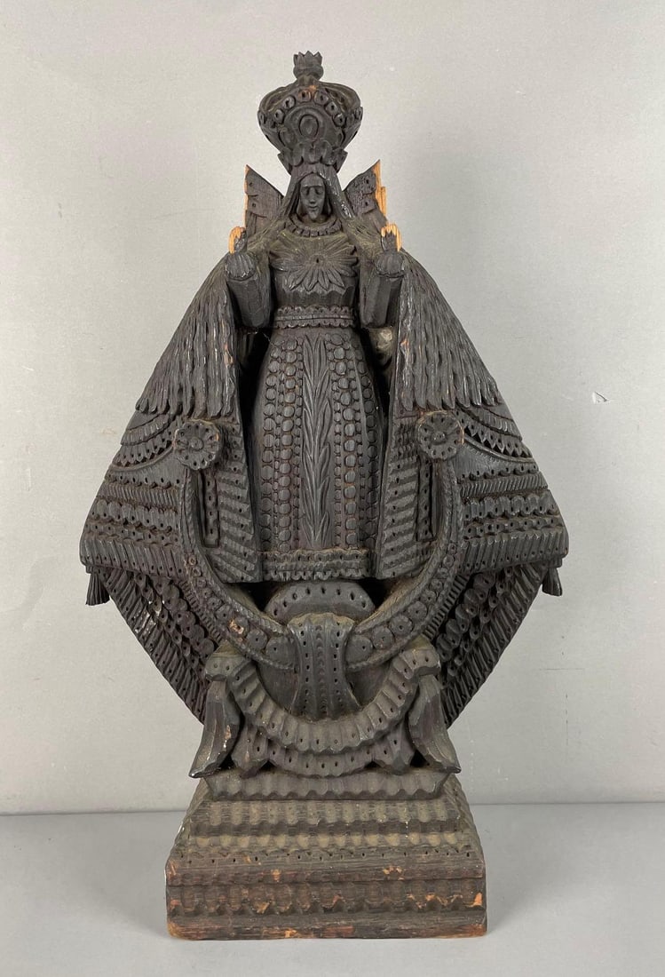 Antique Miguel Maga?a Signed Our Lady of Zapopan Carved Wood Sculpture: Signed on back of base, some damage around shoulders and hands, measures 21 1/2 inches x 14 inches x 5 inches