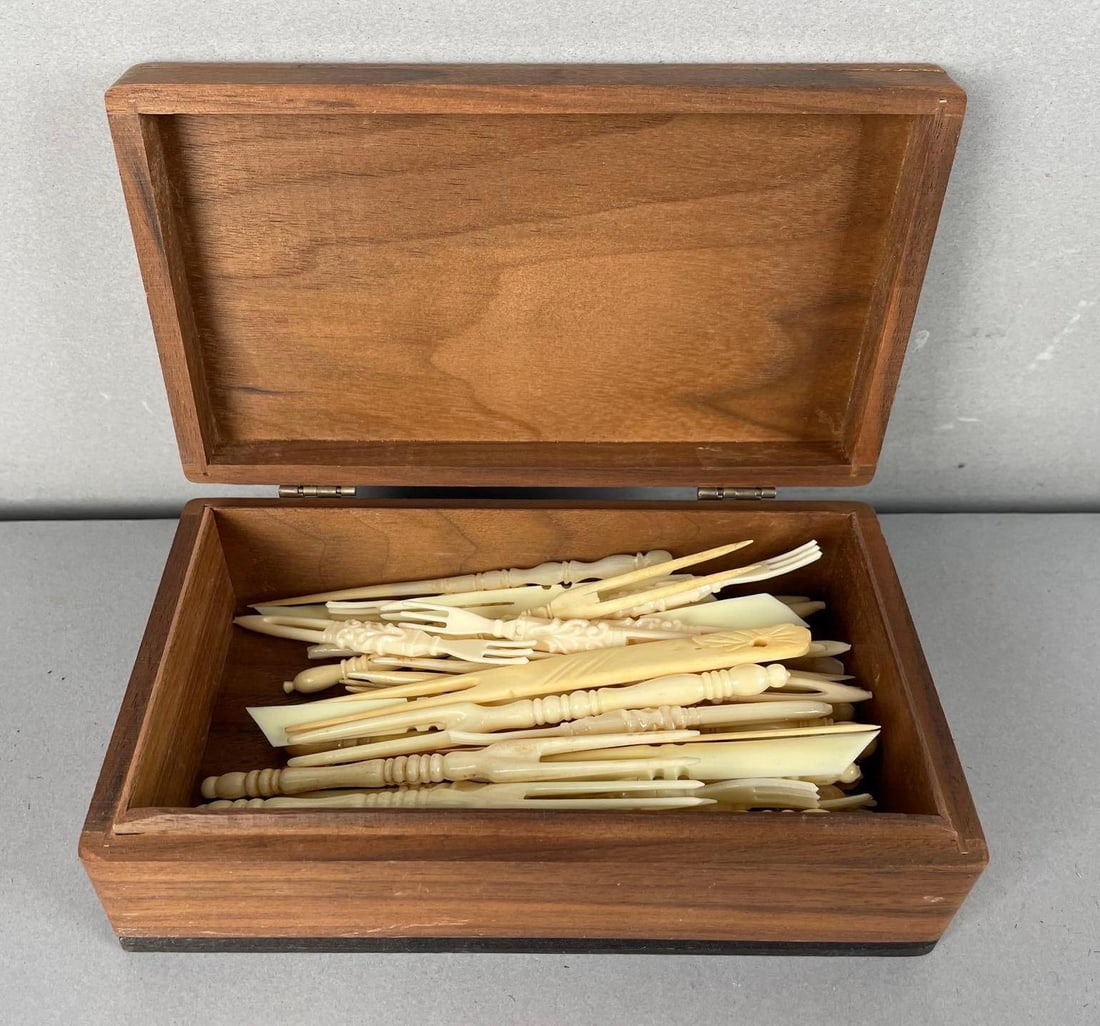 Inlaid Wood Box of Faux Ivory Celluloid Cocktail Picks: Box measures 4 inches x 6 3/4 inches x 2 1/2 inches
