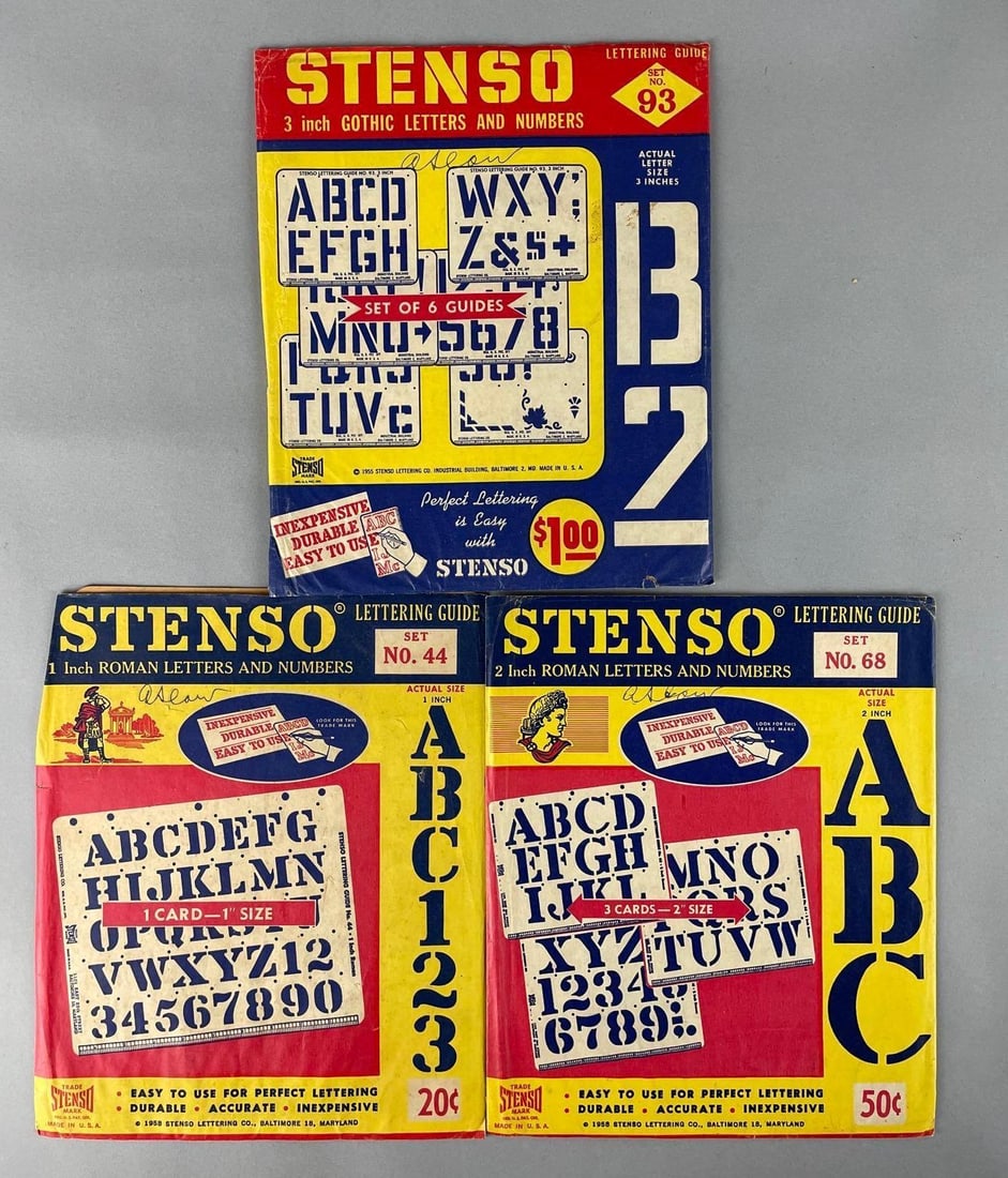 Group of 3 Vintage Stenso Lettering Guide Sets: Original packaging measures 10 1/2 inches x 8 1/2 inches