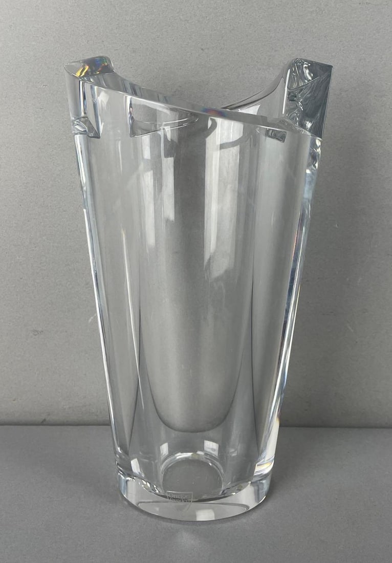 Orrefors of Sweden Crystal Zaza Vase: Designed by Helen Krantz, etched on base, measures 8 3/4 inches x 5 inches x 4 1/4 inches