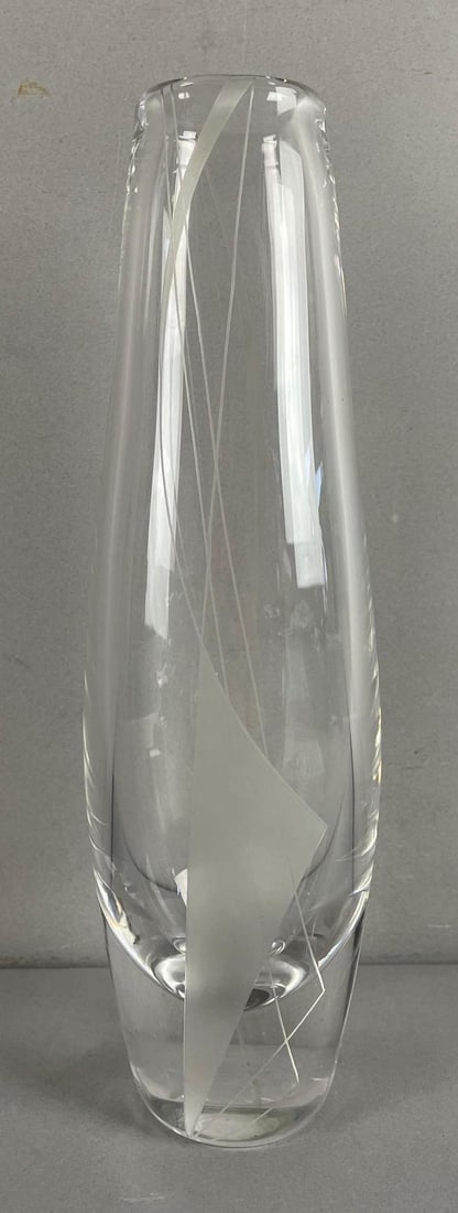 Orrefors of Sweden 3664 Etched Crystal Vase: Designed by Sven Palmqvist, geometric design, measures 11 inches x 3 1/4 inches x 2 3/4 inches