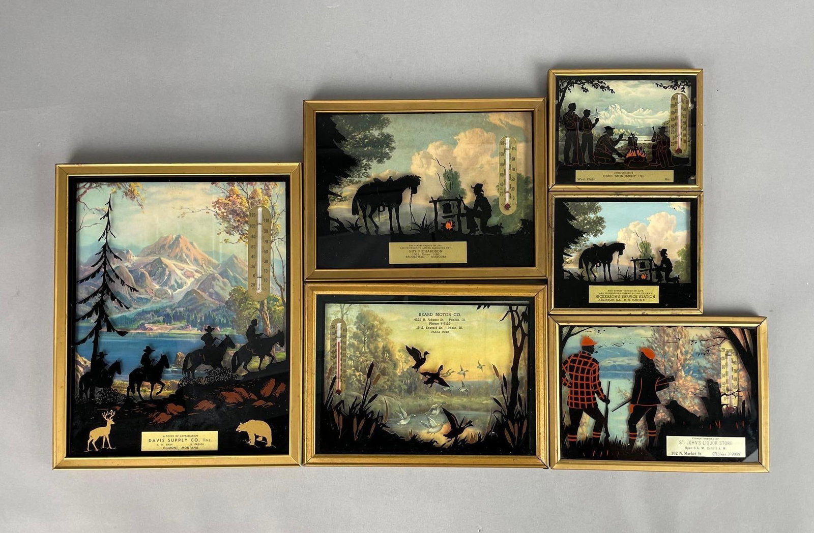Group of Vintage ROG Advertising Thermometers: Hunting, western themes, reverse painted glass, includes Peoria IL, largest measures 10 inches x 8 inches