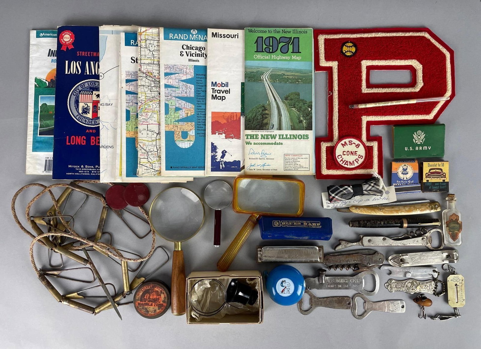 Group of Vintage Advertising Bottle Openers, Maps, and More: Includes Parker fountain pen, watchmaker's loupe, fishing stringer