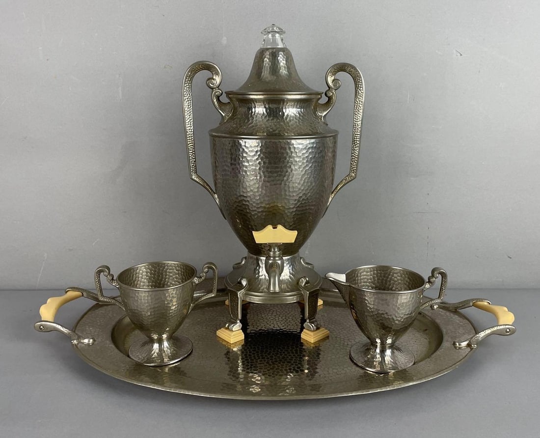 Art Deco Royal Rochester Hammered Metal Coffee Service Set: Includes electric percolator missing cord, creamer, sugar bowl, charger measures 12 1/4 inches x 21 1/4 inches