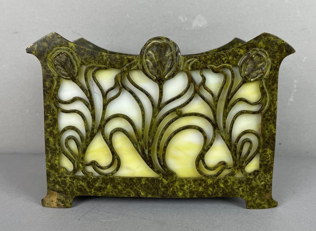 Art Nouveau Bradley and Hubbard Bronze and Slag Glass Letter Holder: Measures 4 1/4 inches x 6 1/4 inches x 2 1/2 inches