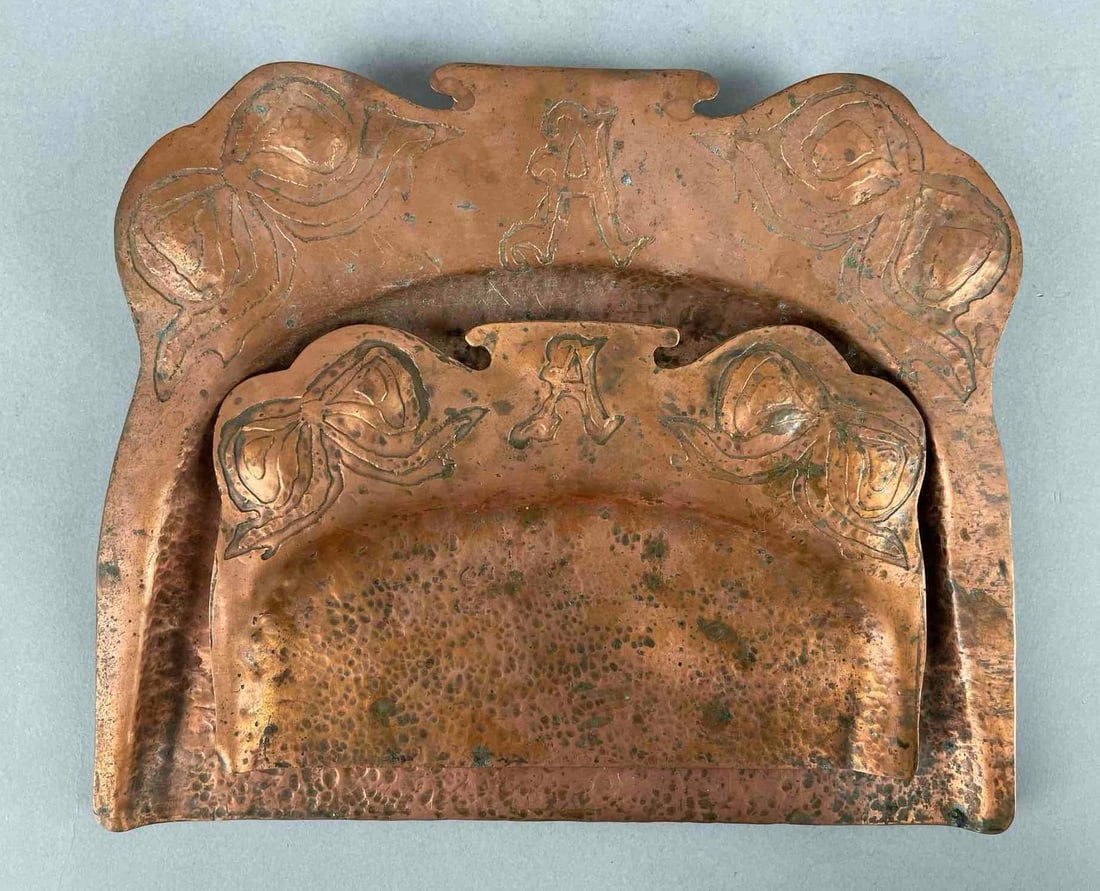 Antique Hammered Copper Silent Butler Set: Monogrammed A, larger crumb pan measures 8 inches x 9 1/2 inches
