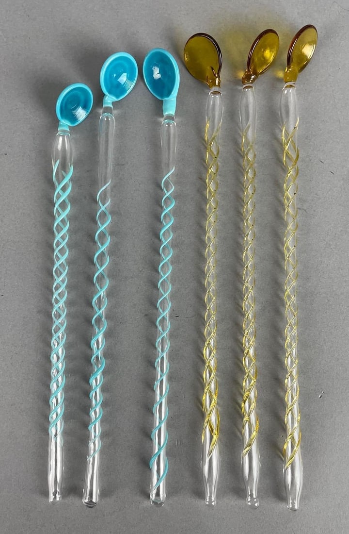 Group of Vintage Handmade Spiral Glass Swizzle Spoons: Longest measures 8 1/2 inches