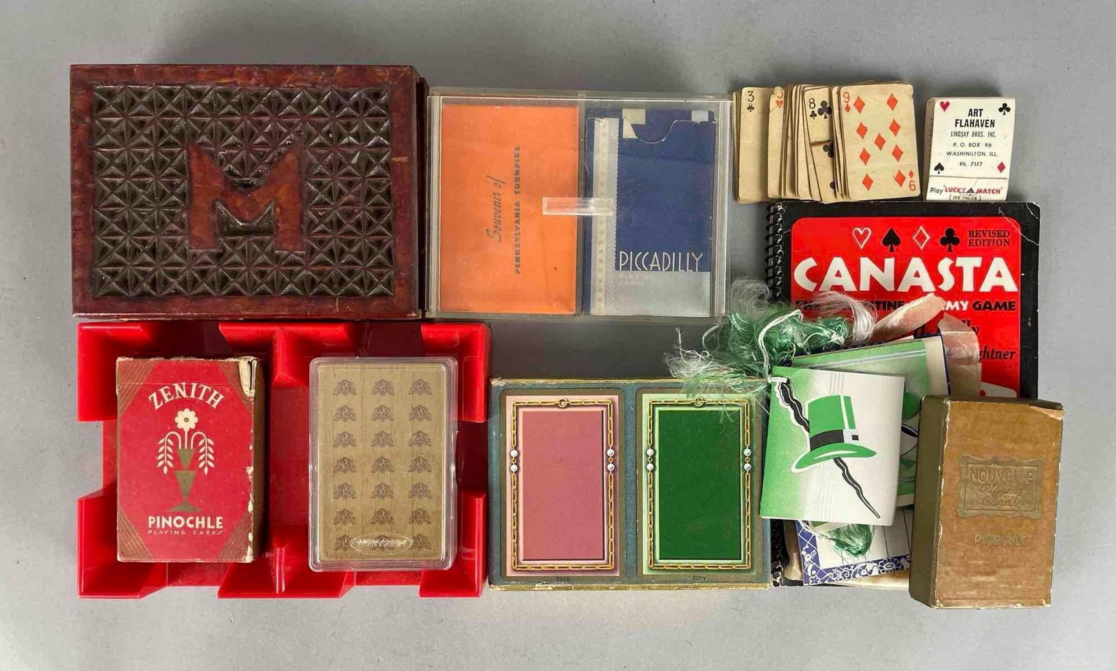 Group of Vintage Playing Card Decks and More: Includes pinochle, canasta book, wood box
