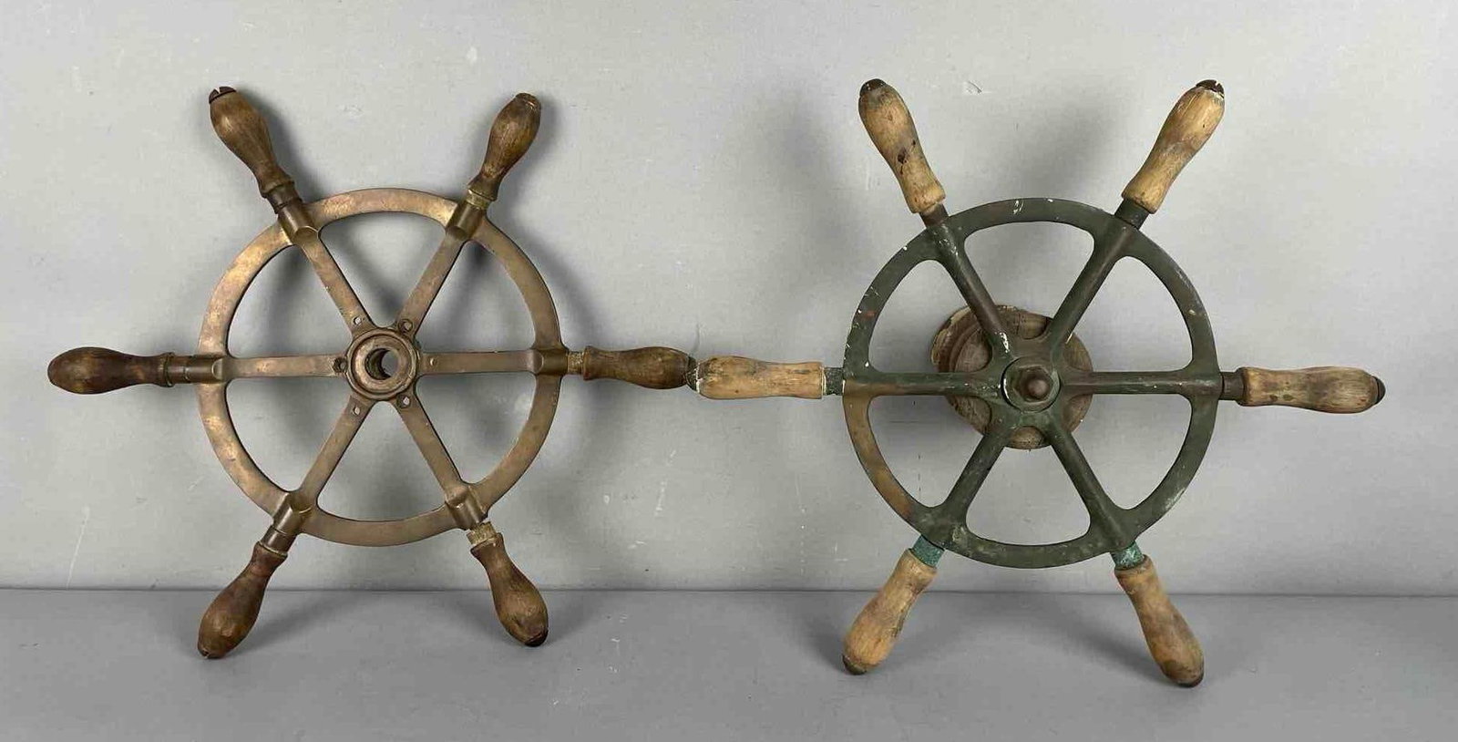 Group of 2 Vintage Brass and Wood Nautical Ship Wheels (1 of 2)