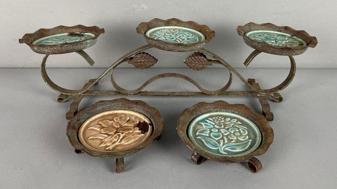 Vintage Wrought Iron and Ceramic Candelabra Set: Largest measures 5 inches x 17 1/4 inches x 4 3/4 inches